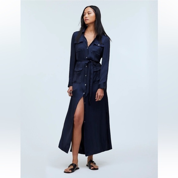 Madewell Button-Front Utility Shirtdress Satin Deep Indigo size XS NWT NR775 - Picture 1 of 12